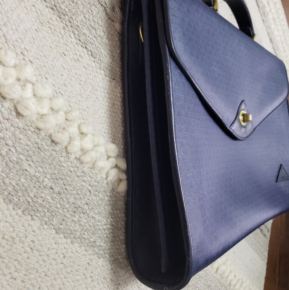 VINTAGE LIZ CLAIBORNE Blue Leather Trim Turnlock Briefcase Messenger Bag - Picture 9 of 16